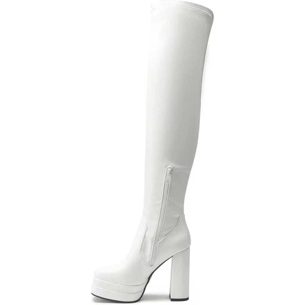 Women's White Polyurethane (PU) Square Toe Over The Knee Thigh High Long Boots